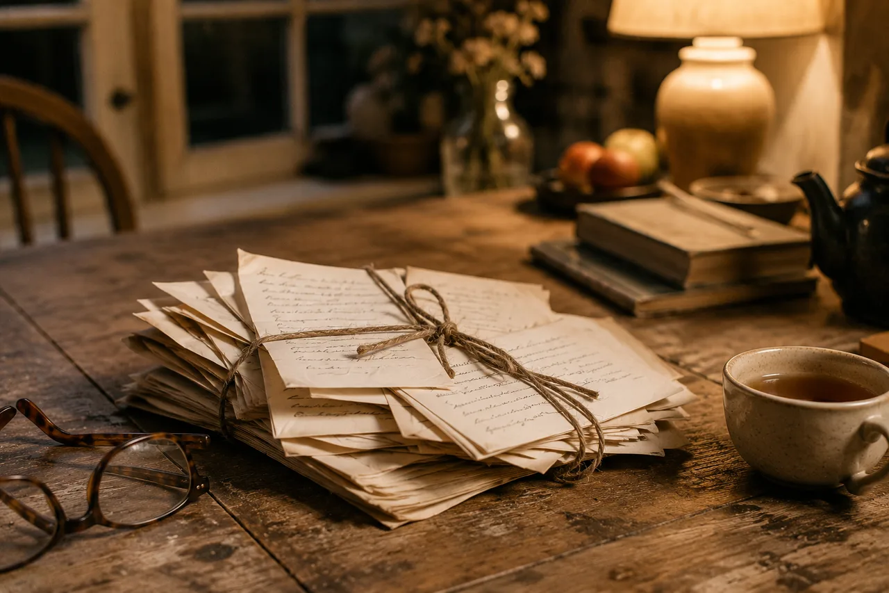 A bundle of opened letters tied with twine on a wooden table beside reading glasses and a cup of tea