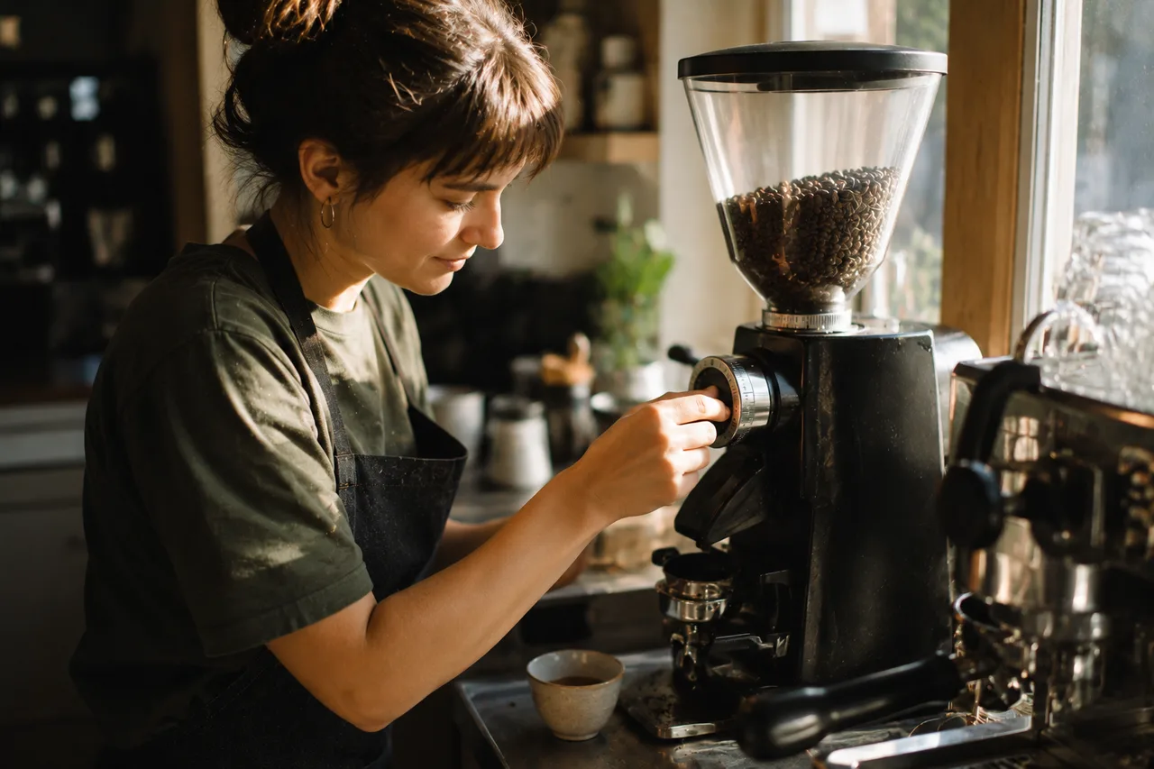 A young barista adjusting the dial of an espresso grinder in a small sunlit café