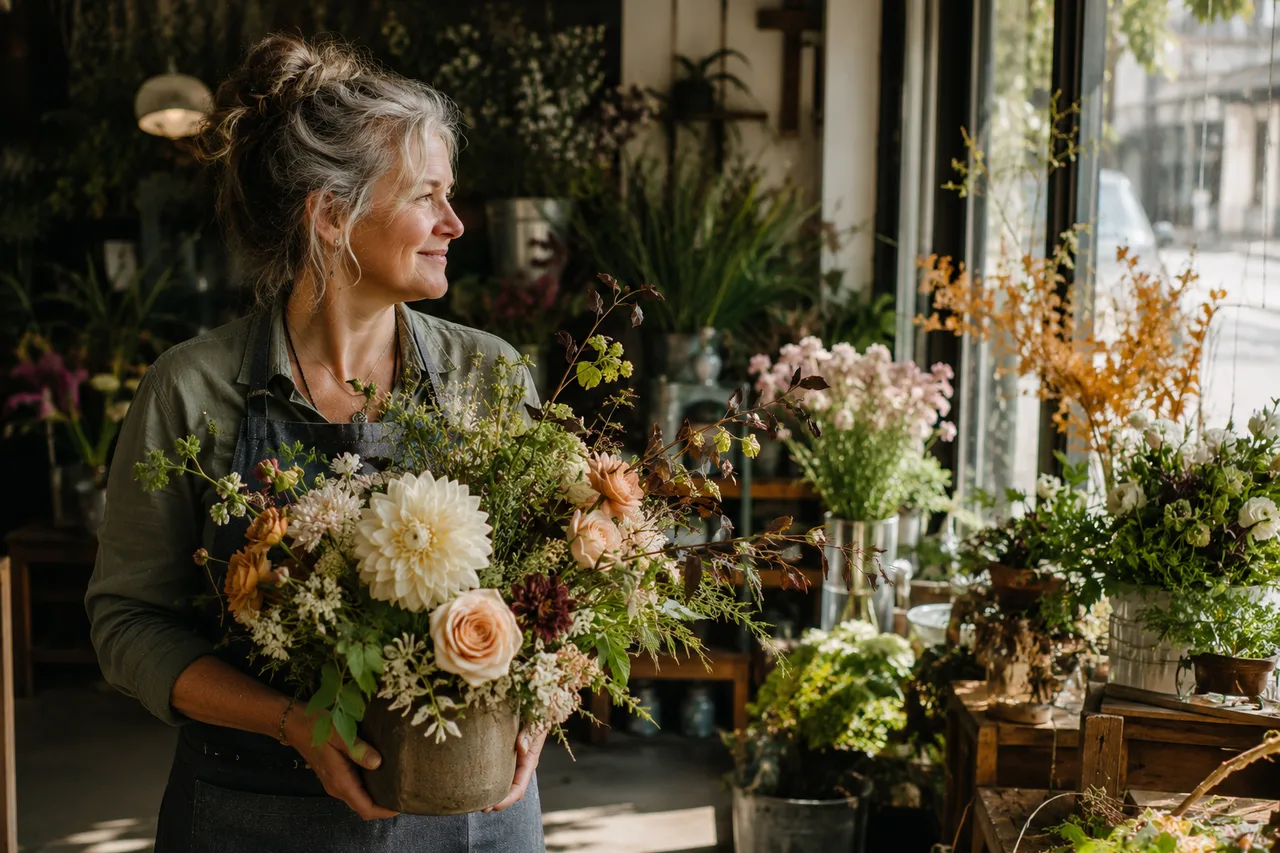 A florist with silver-streaked hair carrying her best arrangement toward the front window of her shop, morning light