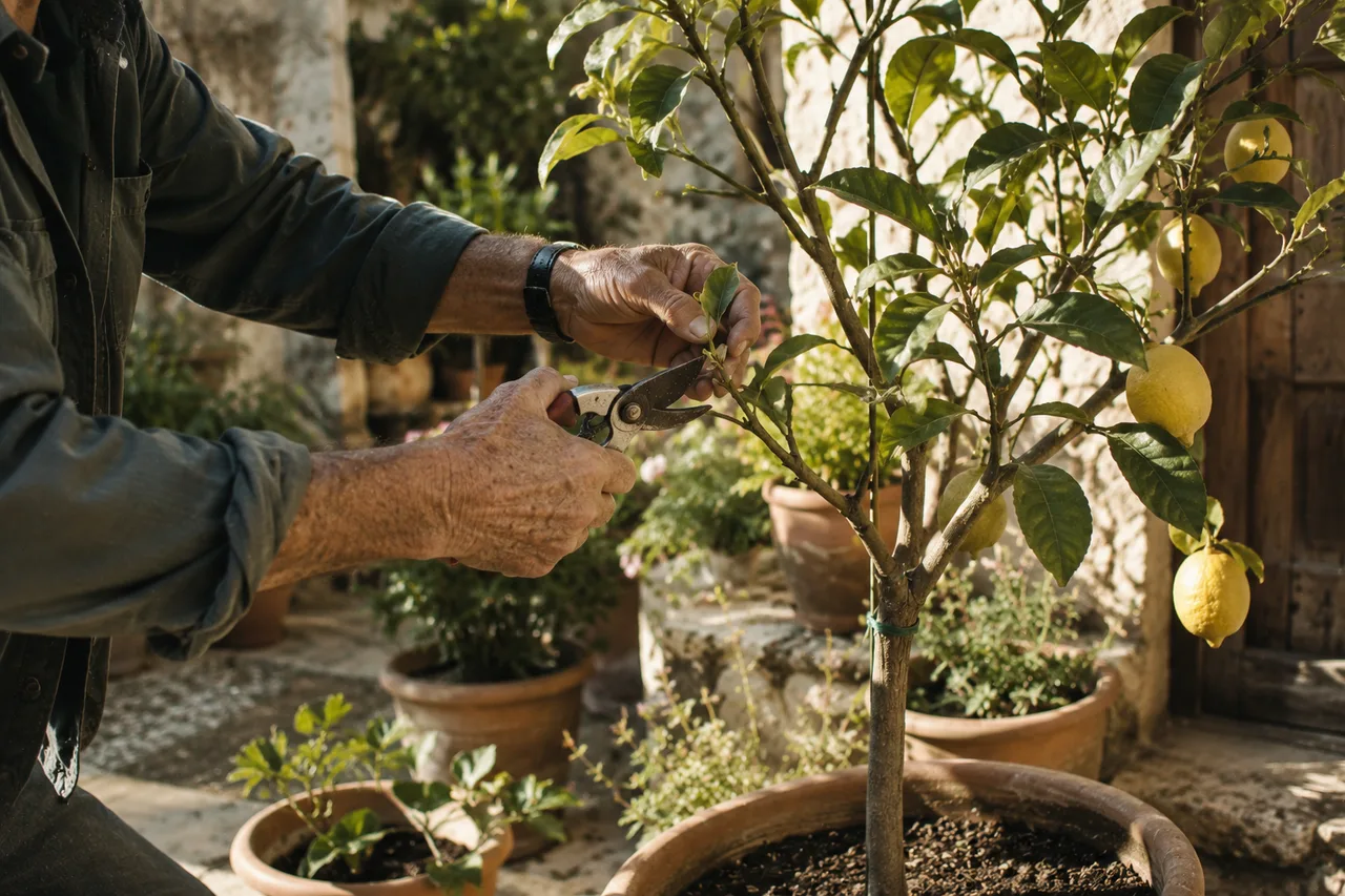 Weathered hands pruning a small lemon tree in a sunny stone courtyard