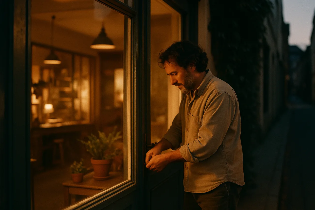 A founder locking up the shop at dusk, relaxed, warm light spilling onto the street