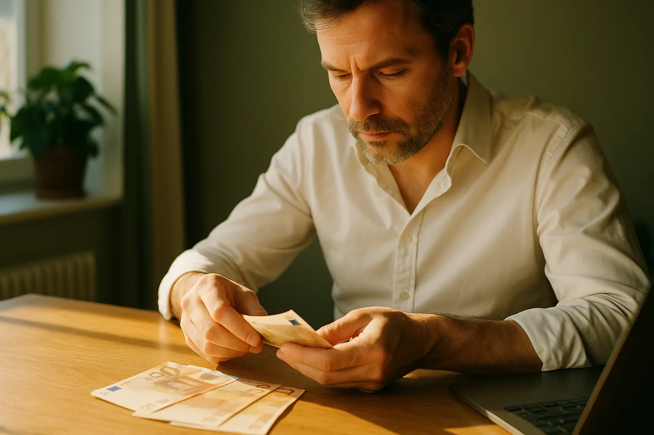 A founder counting out banknotes deliberately on a wooden desk, morning light