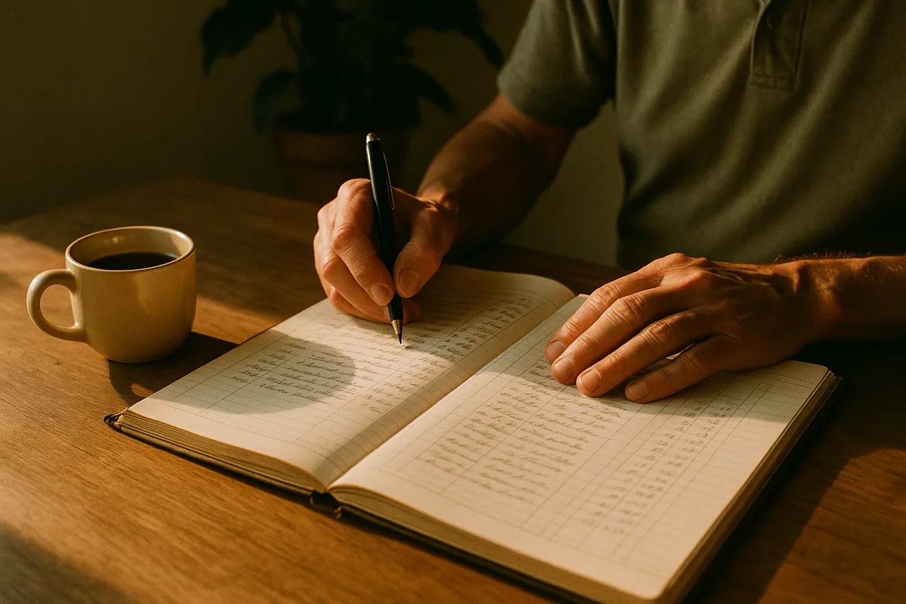 Hands reviewing a tidy handwritten ledger beside a cup of coffee, warm light
