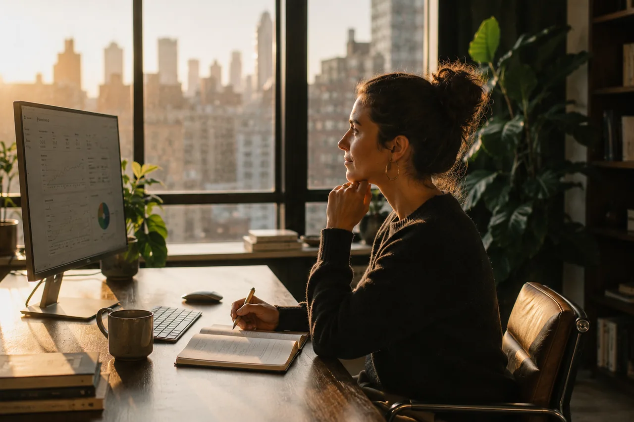 A founder at a large desk in warm morning light, one notebook open, everything in order