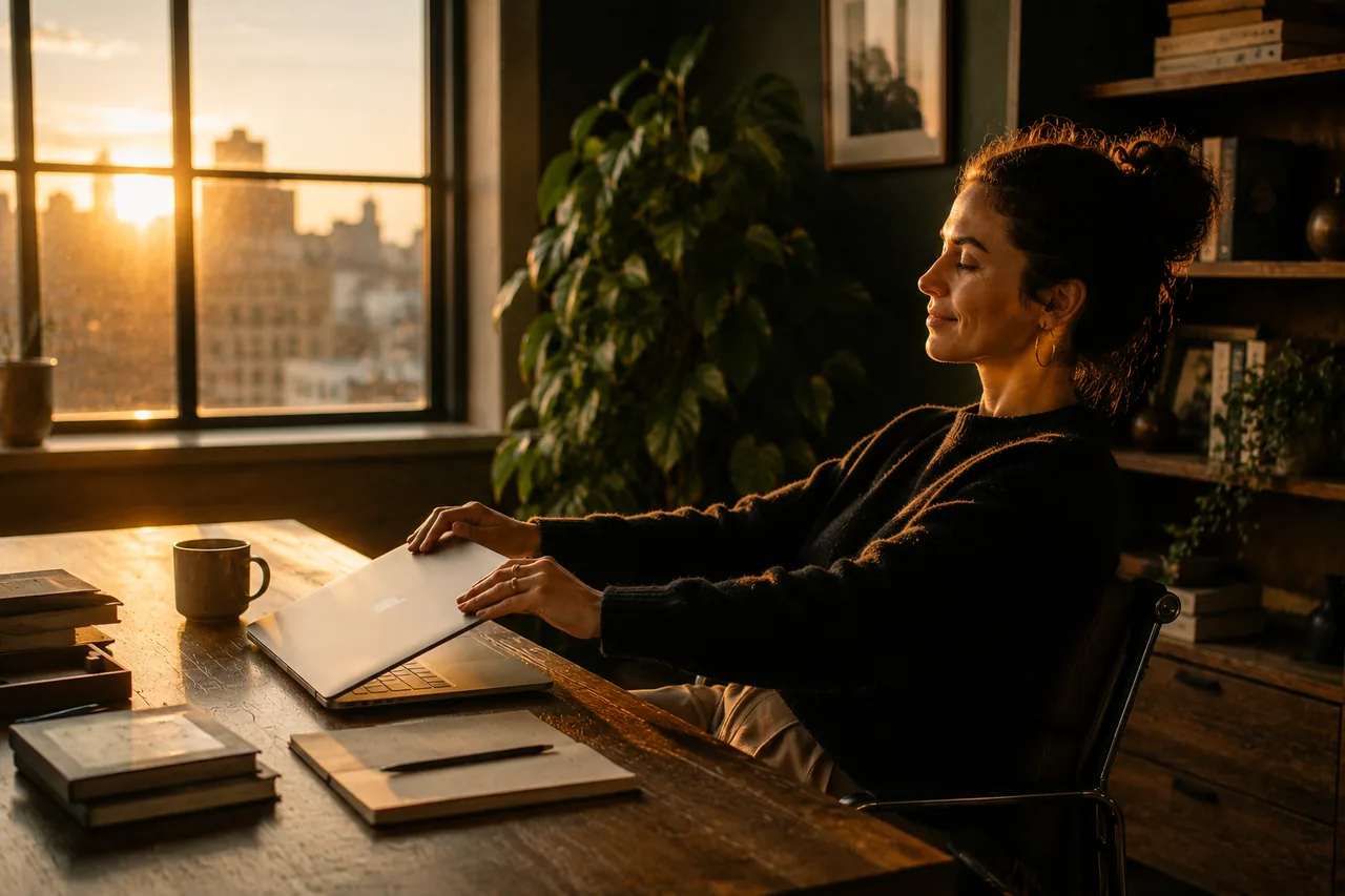 A founder closing a laptop at the end of the day, satisfied, warm evening light