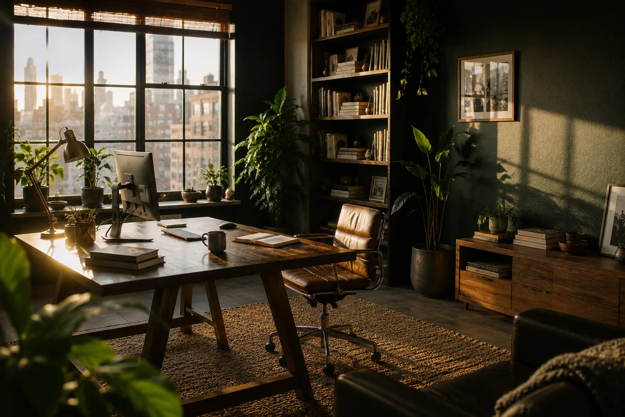 A founder working alone at a calm, ordered desk — one screen, one notebook, morning light