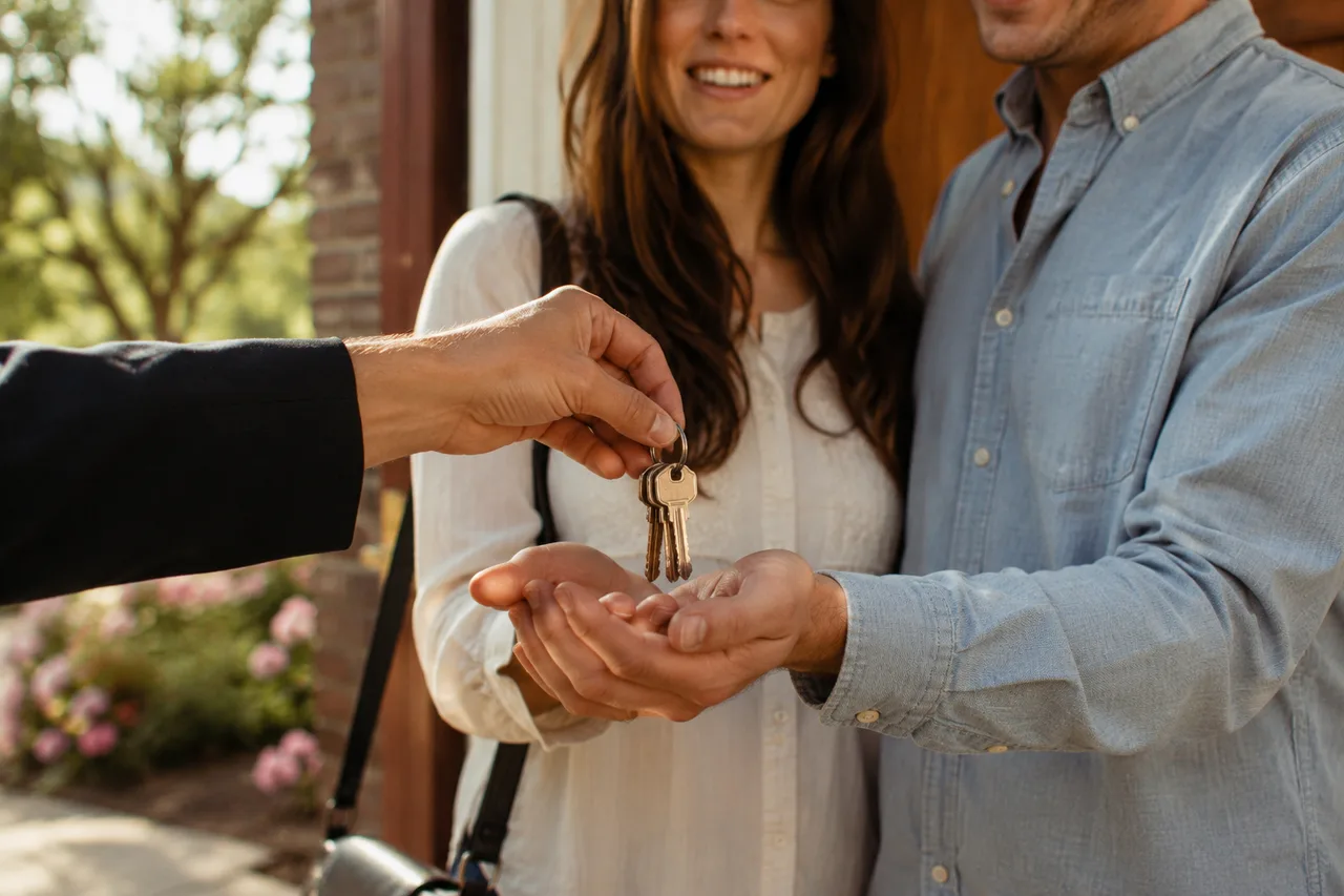 Keys being placed into a young couple's joined hands on a doorstep, bright spring light