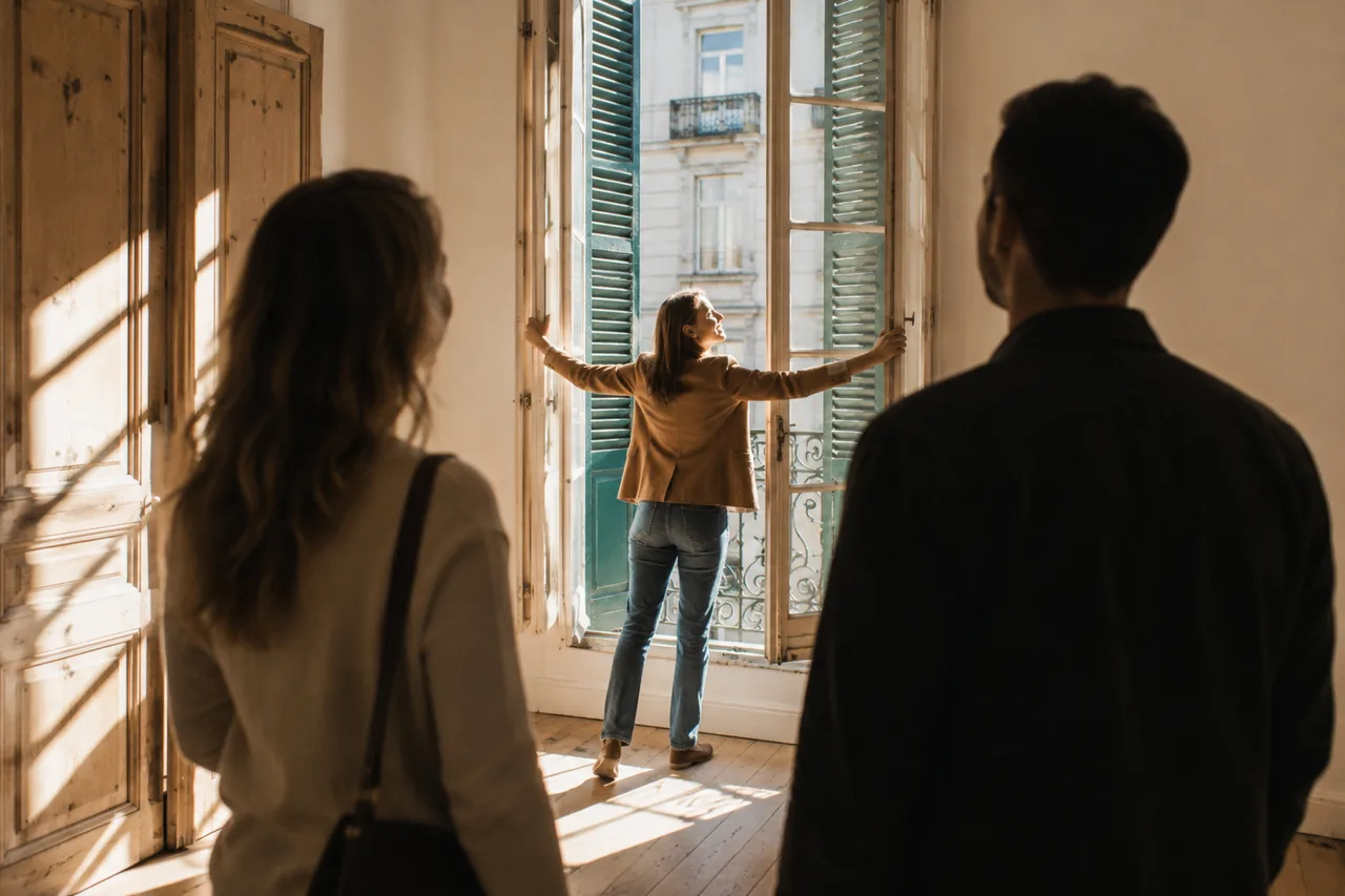 An agent opening tall shutters to flood an empty apartment with light, a couple watching