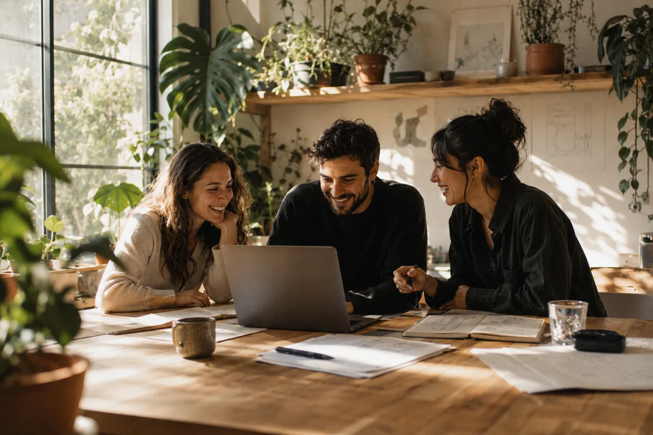 A small team of three gathered around one laptop at a long wooden table in a bright plant-filled studio, morning light