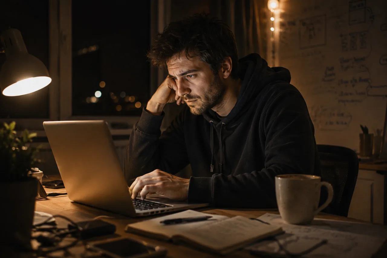 A tired developer alone at a wooden desk at night, face lit by laptop glow and one warm lamp, cold coffee beside him