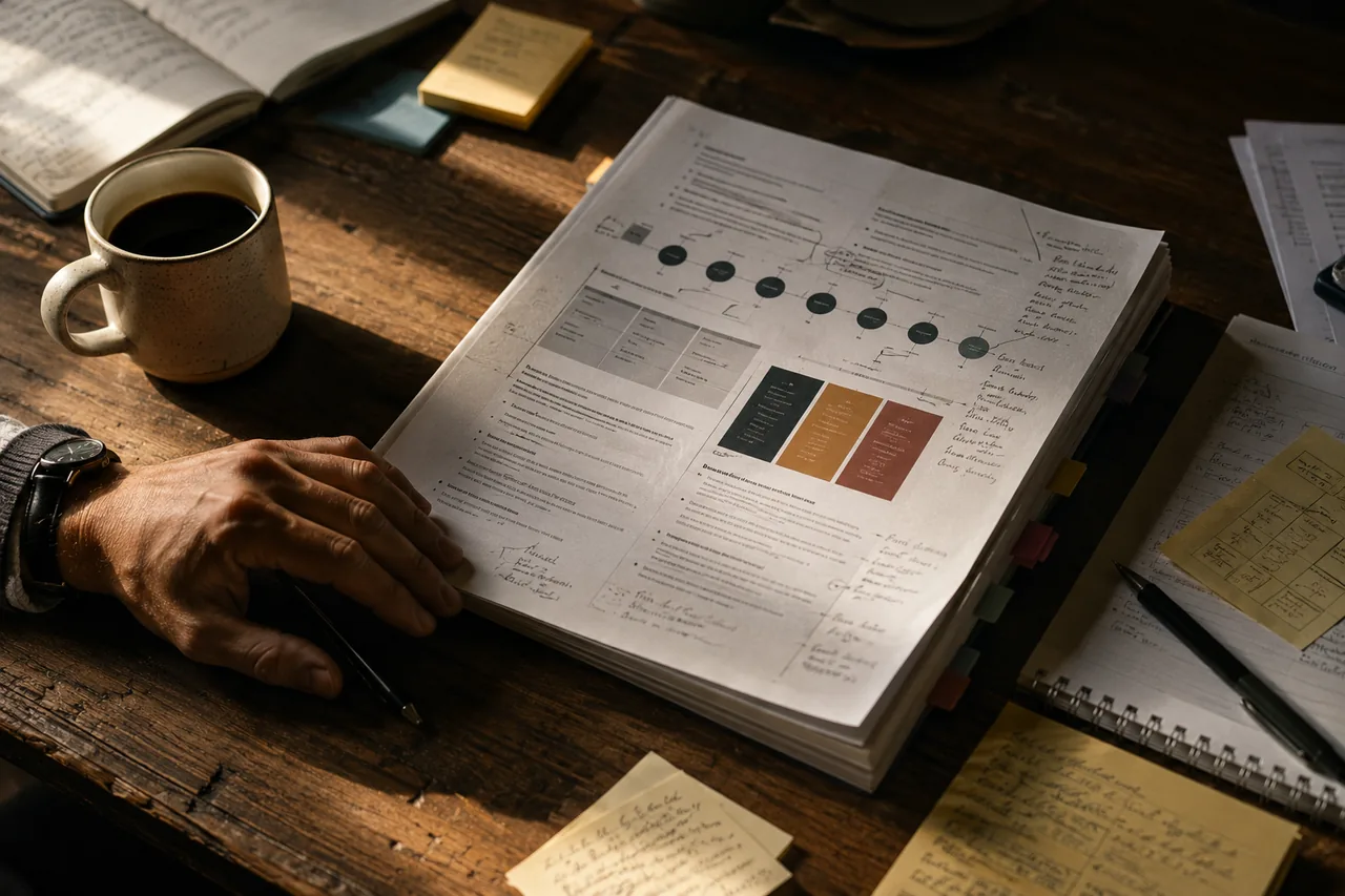 A printed strategy dossier on a workshop table, hands resting beside a coffee, annotated margins