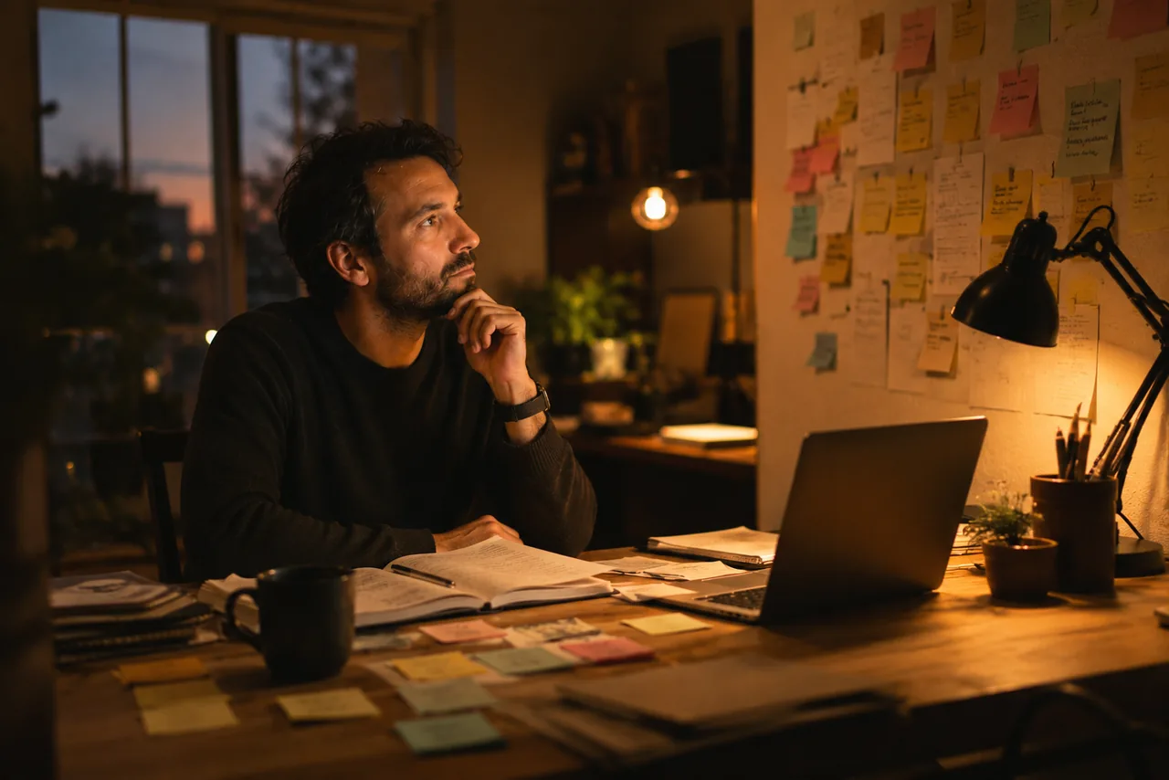A founder at a desk before sunrise, surrounded by sticky notes and notebooks, thinking