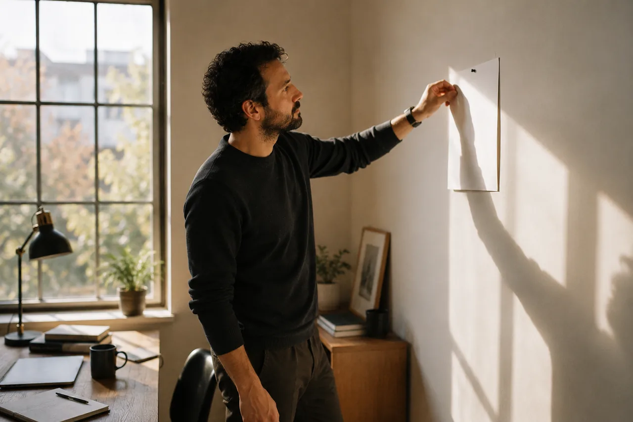 A founder pinning a clear plan to the wall in morning light, calm and in control