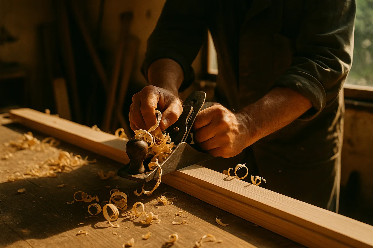Hands planing and fitting a wooden door frame in a sunlit workshop