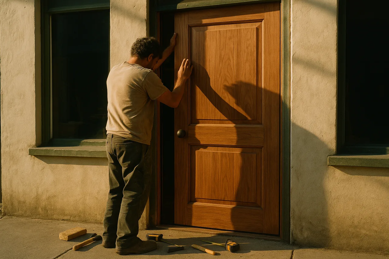 A craftsman fitting a handsome front door to a small shop, morning light