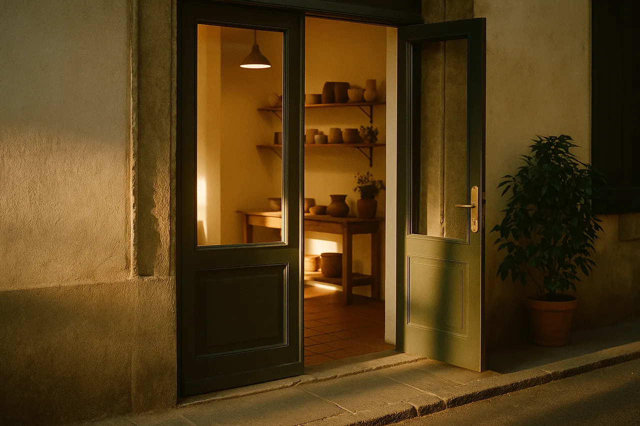 A finished shop door standing open onto a warm interior, inviting, late afternoon