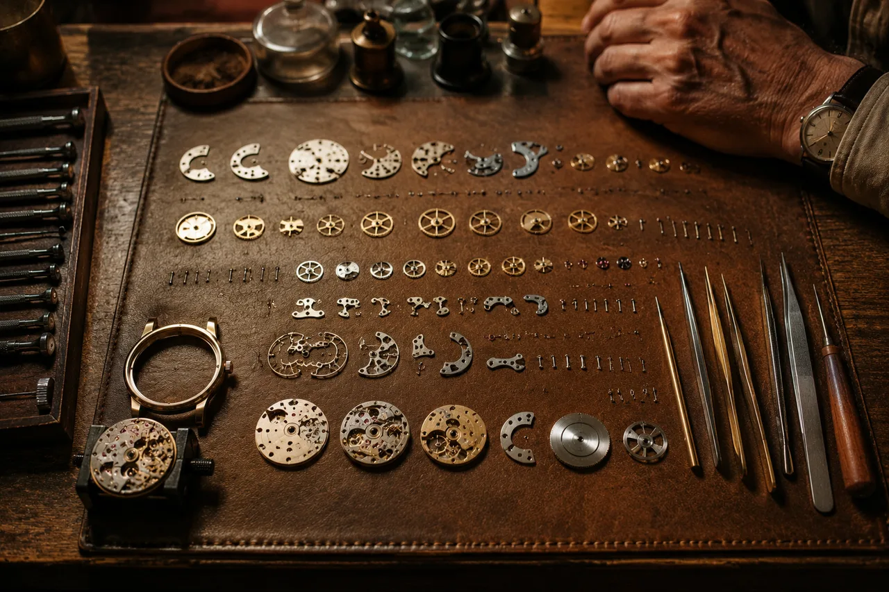 A fully disassembled vintage watch laid out in immaculate rows on a leather bench mat, a craftsman's hands at frame edge