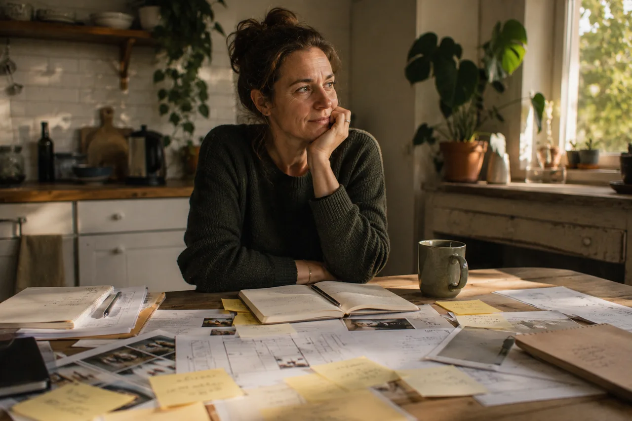 A woman at a kitchen table in afternoon light surrounded by printed plans and sticky notes, chin in hand, wry and tired